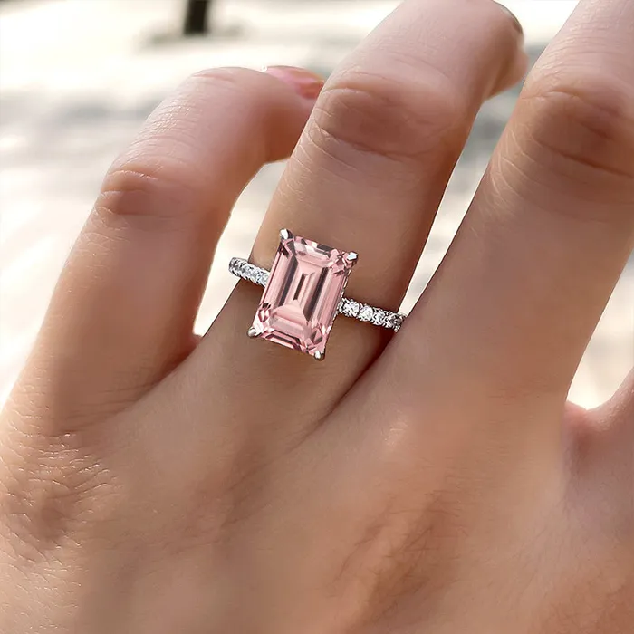 Hidden Halo Emerald Cut Morganite Pink Engagement Ring In Sterling Silver Shineofdiamond Rings Hidden Halo Emerald Cut Morganite Pink Engagement Ring In Sterling Silver Shineofdiamond Rings