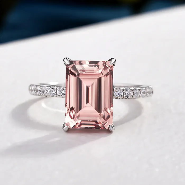 Hidden Halo Emerald Cut Morganite Pink Engagement Ring In Sterling Silver Shineofdiamond Rings