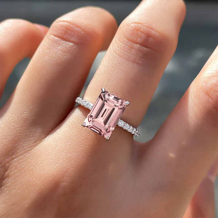Hidden Halo Emerald Cut Morganite Pink Engagement Ring In Sterling Silver Shineofdiamond Rings
