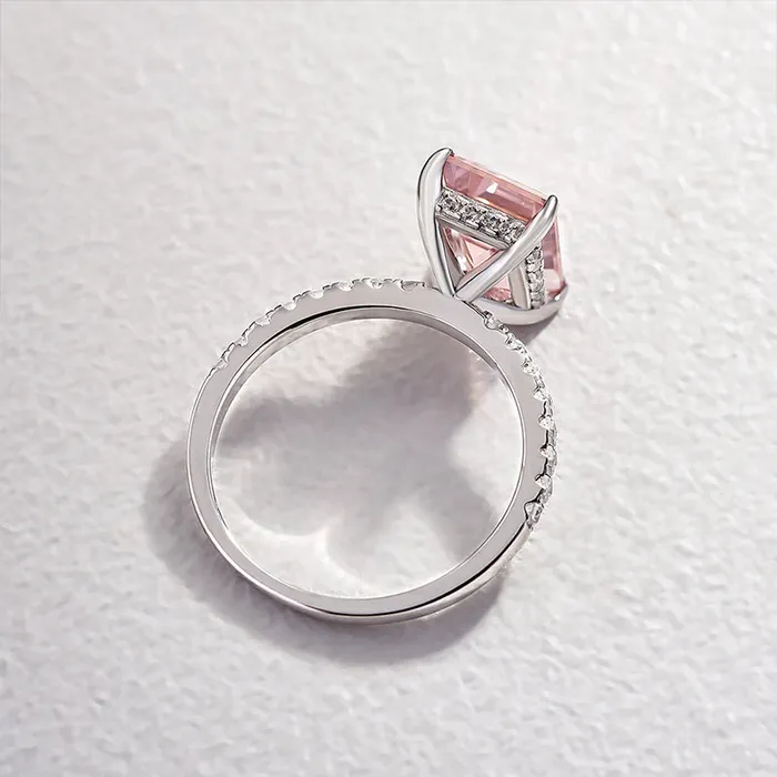 Hidden Halo Emerald Cut Morganite Pink Engagement Ring In Sterling Silver Shineofdiamond Rings