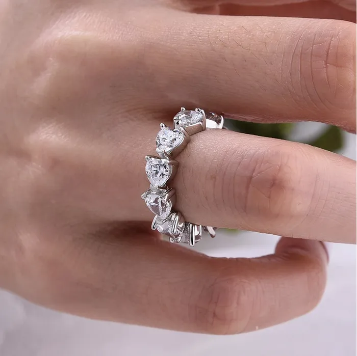Shineofdiamond Rings Eternity Heart Cut Wedding Band in Sterling Silver