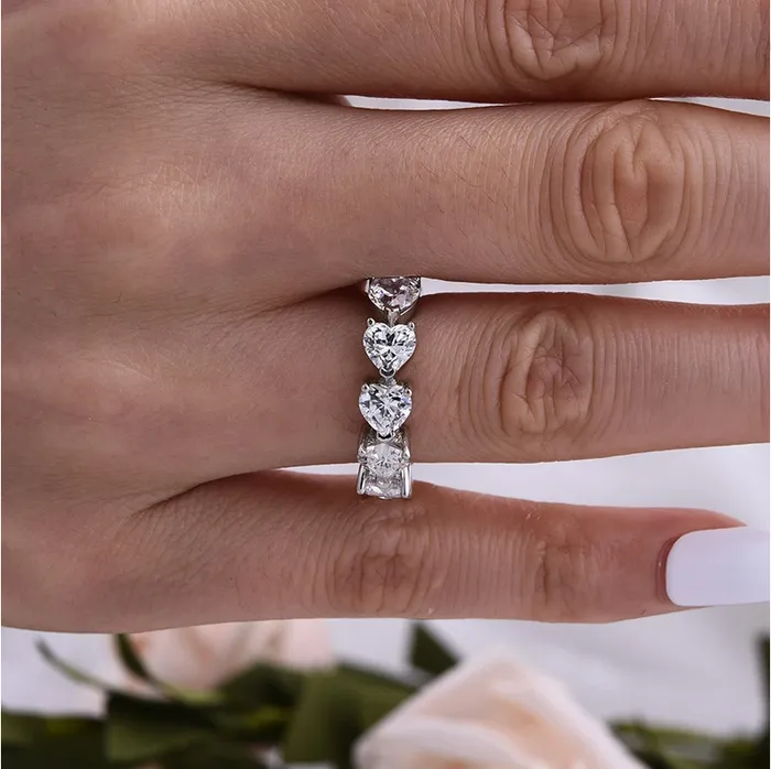 Shineofdiamond Rings Eternity Heart Cut Wedding Band in Sterling Silver