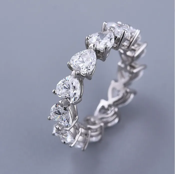 Shineofdiamond Rings Eternity Heart Cut Wedding Band in Sterling Silver