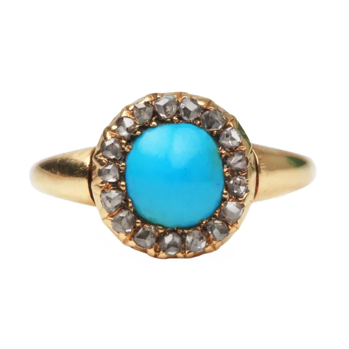 Rings Bell Bird Antiques Victorian Era Gold Turquoise and Rose Cut Diamond Cluster Ring