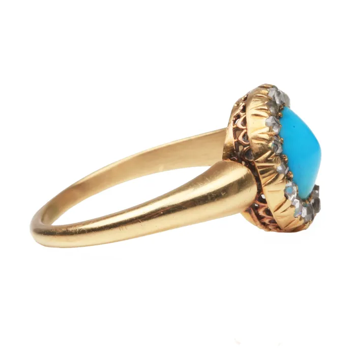 Rings Bell Bird Antiques Victorian Era Gold Turquoise and Rose Cut Diamond Cluster Ring