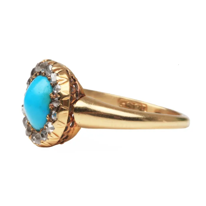 Rings Bell Bird Antiques Victorian Era Gold Turquoise and Rose Cut Diamond Cluster Ring