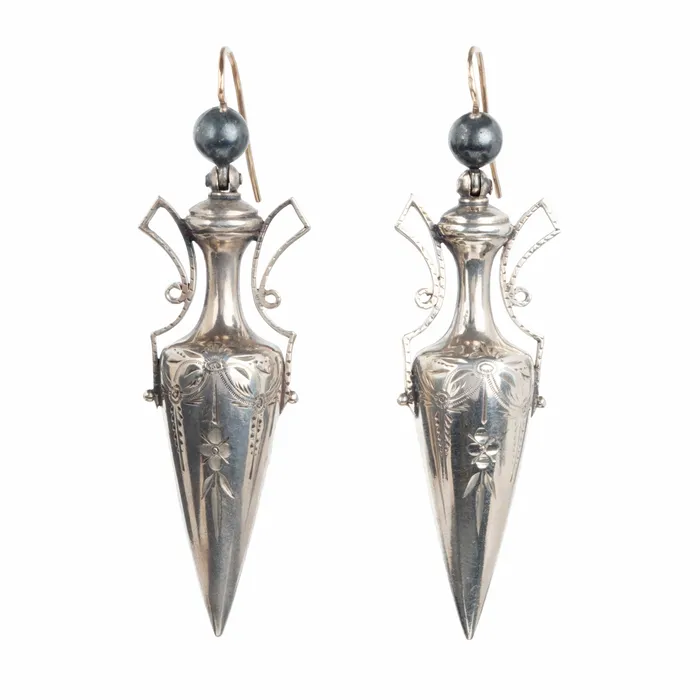 Victorian Era Amphora Earrings in Sterling Silver Bell Bird Antiques Earrings
