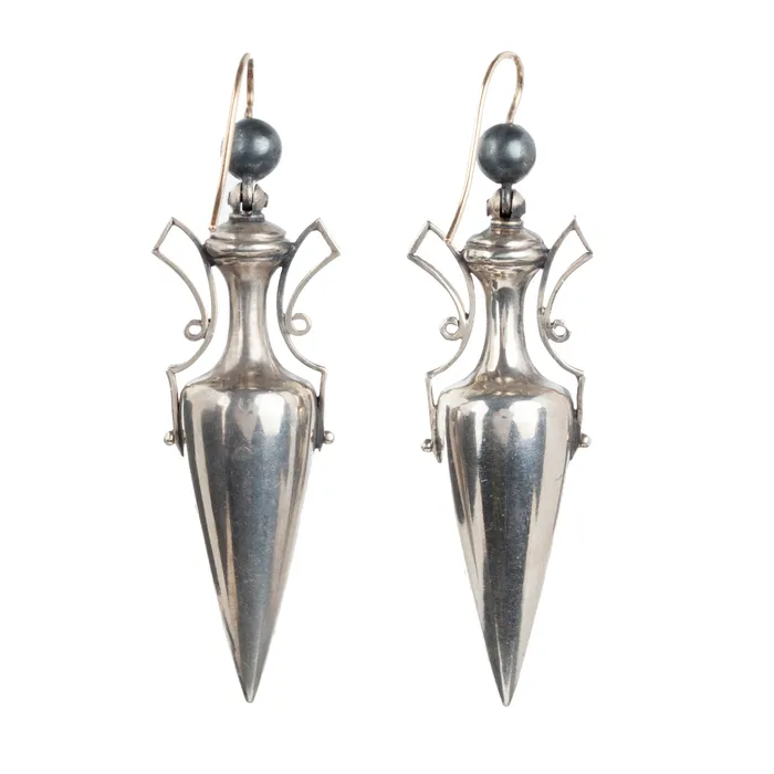 Victorian Era Amphora Earrings in Sterling Silver Bell Bird Antiques Earrings