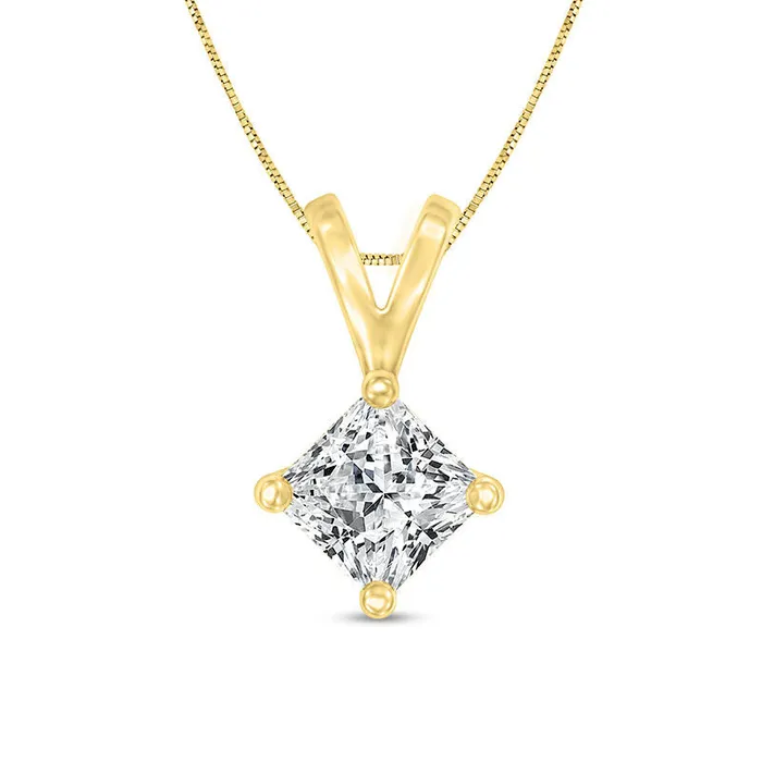 1 CT Certified PrincessCut Natural Clarity Enhanced Solitaire Pendant in 14K Gold ISI2 Goldia Necklaces 1 CT Certified PrincessCut Natural Clarity Enhanced Solitaire Pendant in 14K Gold ISI2 Goldia Necklaces