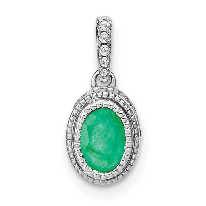 14k White Gold Oval Emerald and Real Diamond Pendant Goldia Necklaces