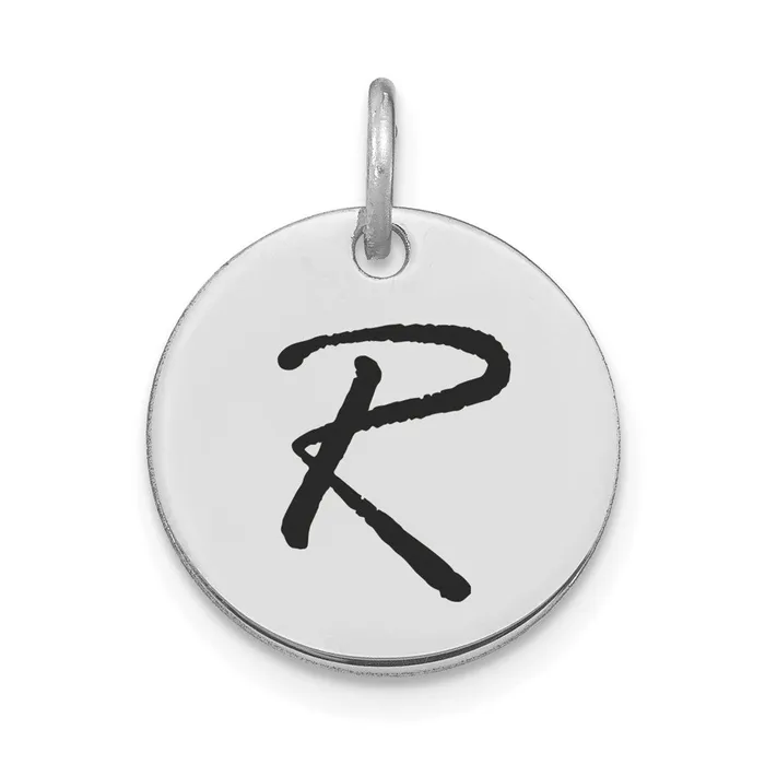 14k White Goldw Polished Black Enamel Letter R Initial Disk Charm Goldia Charm Necklaces