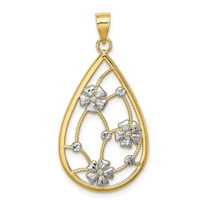 Goldia Charm Necklaces 14k Yellow Rhodium Gold w White Rhodium Flowers In Teardrop Frame Charm