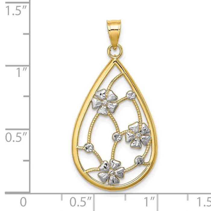 Goldia Charm Necklaces 14k Yellow Rhodium Gold w White Rhodium Flowers In Teardrop Frame Charm