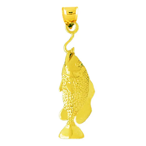 Goldia Necklaces 14K Gold 3D Bass On a Fish Hook Pendant