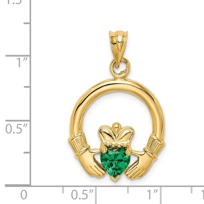 Goldia Necklaces 14k Yellow Gold Claddagh with Synthetic Green Stone Pendant