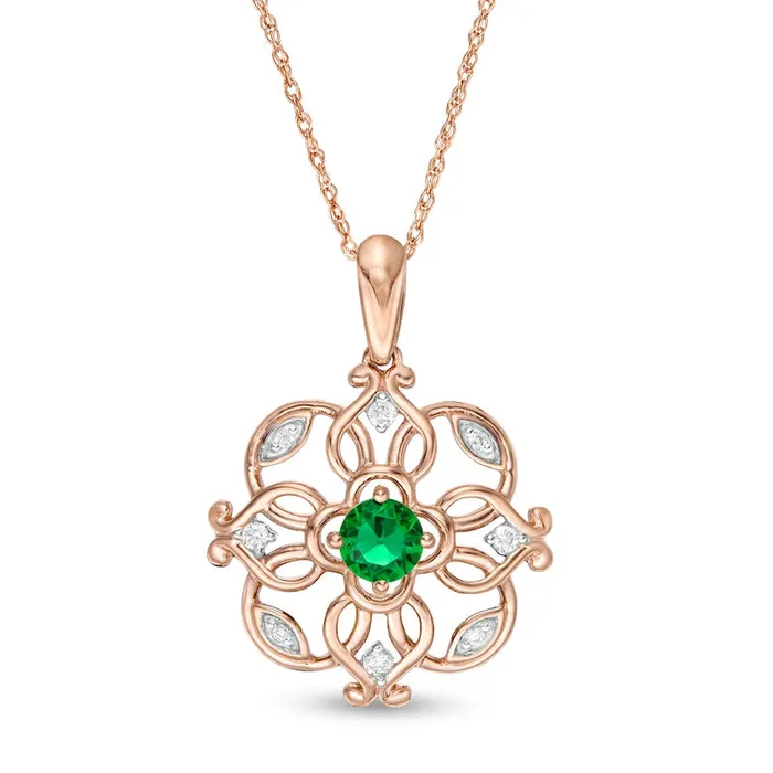 Goldia Necklaces 40mm LabCreated Emerald and 005 CT TW Diamond Filigree Clover Pendant in 10K Rose Gold Goldia Necklaces 40mm LabCreated Emerald and 005 CT TW Diamond Filigree Clover Pendant in 10K Rose Gold