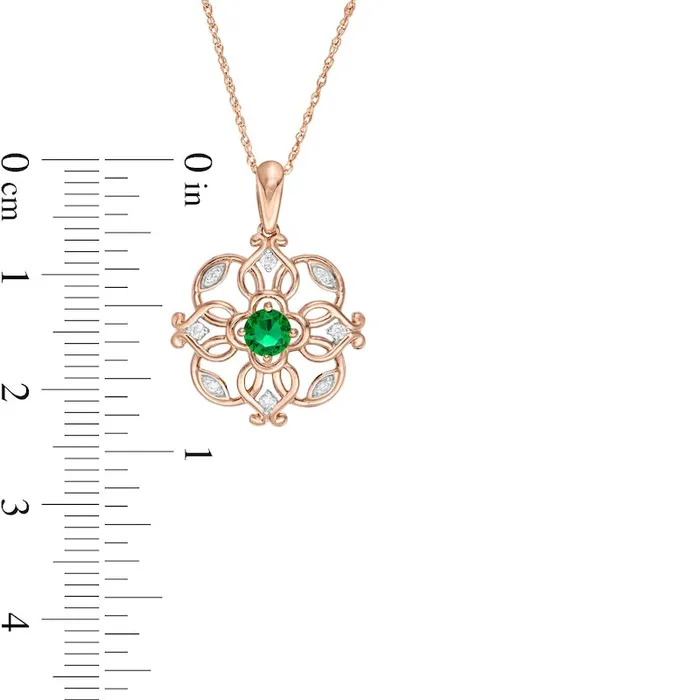 Goldia Necklaces 40mm LabCreated Emerald and 005 CT TW Diamond Filigree Clover Pendant in 10K Rose Gold Goldia Necklaces 40mm LabCreated Emerald and 005 CT TW Diamond Filigree Clover Pendant in 10K Rose Gold