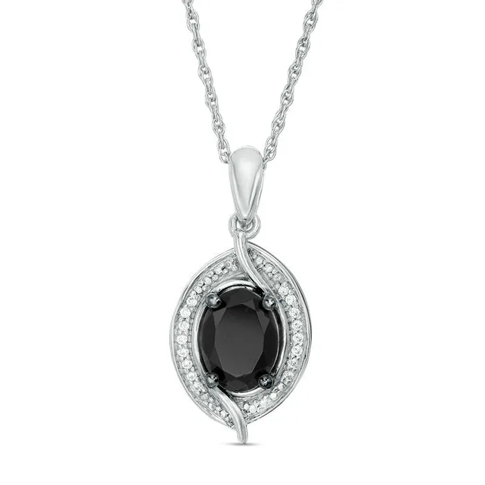 Goldia Oval LabCreated Black Sapphire and 005 CT TW Diamond Bead Bypass Swirl Frame Pendant in Sterling Silver Necklaces Goldia Oval LabCreated Black Sapphire and 005 CT TW Diamond Bead Bypass Swirl Frame Pendant in Sterling Silver Necklaces