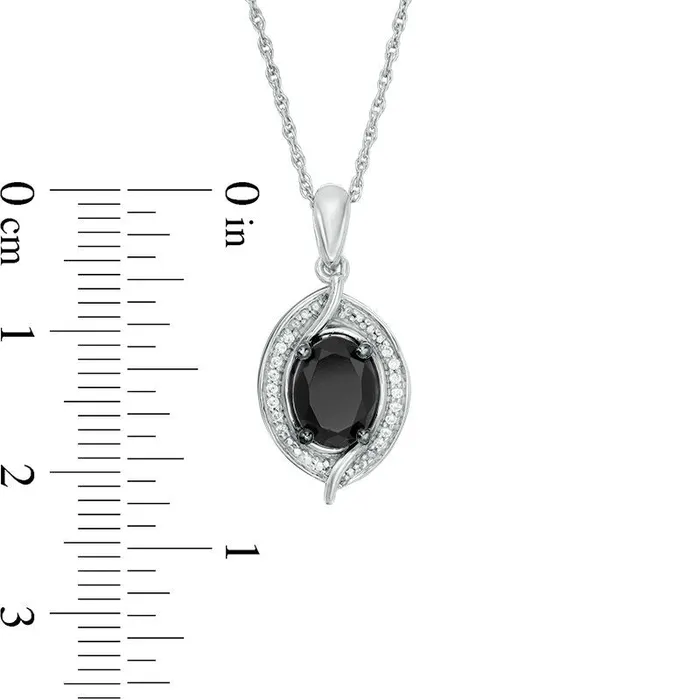 Goldia Oval LabCreated Black Sapphire and 005 CT TW Diamond Bead Bypass Swirl Frame Pendant in Sterling Silver Necklaces