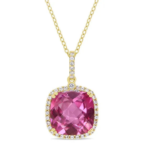 JMS always Necklaces Original AMOUR Cushion Cut Checkerboard Pink Topaz and White Sapphire Halo Pendant with Chain In Yellow Plated Sterling Silver JMS always Necklaces Original AMOUR Cushion Cut Checkerboard Pink Topaz and White Sapphire Halo Pendant with Chain In Yellow Plated Sterling Silver
