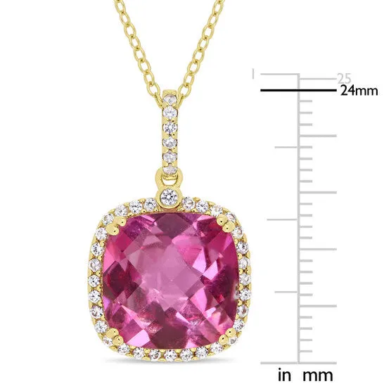 JMS always Necklaces Original AMOUR Cushion Cut Checkerboard Pink Topaz and White Sapphire Halo Pendant with Chain In Yellow Plated Sterling Silver JMS always Necklaces Original AMOUR Cushion Cut Checkerboard Pink Topaz and White Sapphire Halo Pendant with Chain In Yellow Plated Sterling Silver