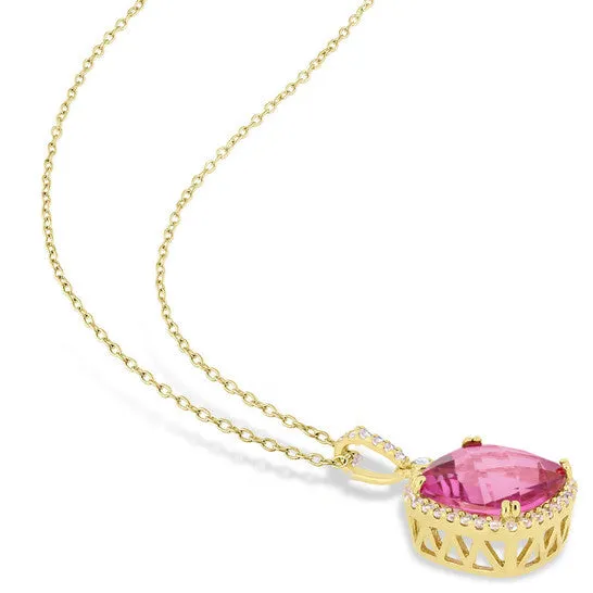 JMS always Necklaces Original AMOUR Cushion Cut Checkerboard Pink Topaz and White Sapphire Halo Pendant with Chain In Yellow Plated Sterling Silver JMS always Necklaces Original AMOUR Cushion Cut Checkerboard Pink Topaz and White Sapphire Halo Pendant with Chain In Yellow Plated Sterling Silver