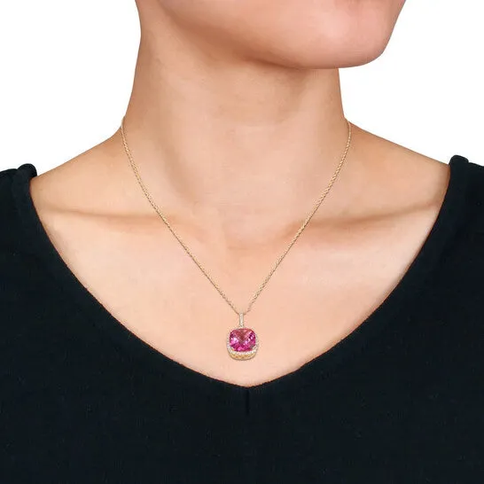 JMS always Necklaces Original AMOUR Cushion Cut Checkerboard Pink Topaz and White Sapphire Halo Pendant with Chain In Yellow Plated Sterling Silver JMS always Necklaces Original AMOUR Cushion Cut Checkerboard Pink Topaz and White Sapphire Halo Pendant with Chain In Yellow Plated Sterling Silver