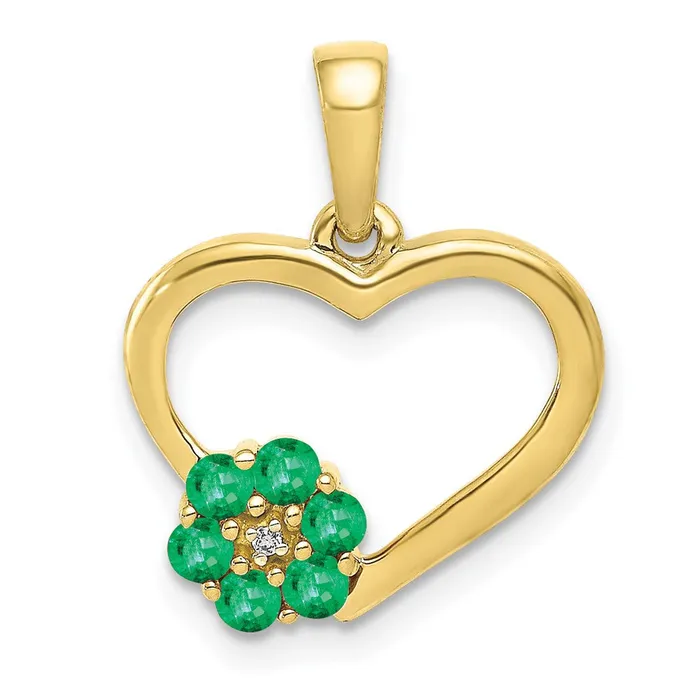 Necklaces Goldia 10K Yellow Gold Real Diamond and Emerald Heart and Flower Pendant