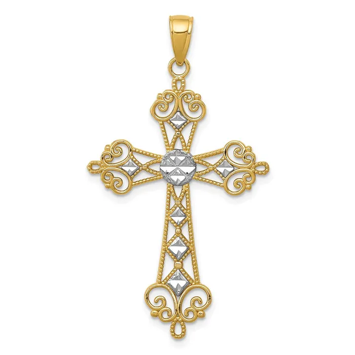 Necklaces Goldia 14k Yellow Rhodium Gold wRhodium Polished DiamondCut CutOut Cross Pendant Necklaces Goldia 14k Yellow Rhodium Gold wRhodium Polished DiamondCut CutOut Cross Pendant