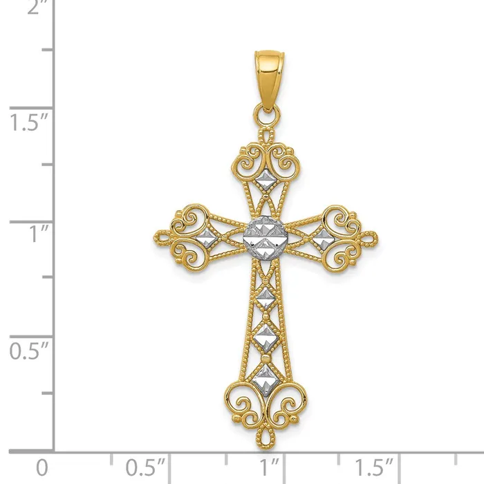 Necklaces Goldia 14k Yellow Rhodium Gold wRhodium Polished DiamondCut CutOut Cross Pendant