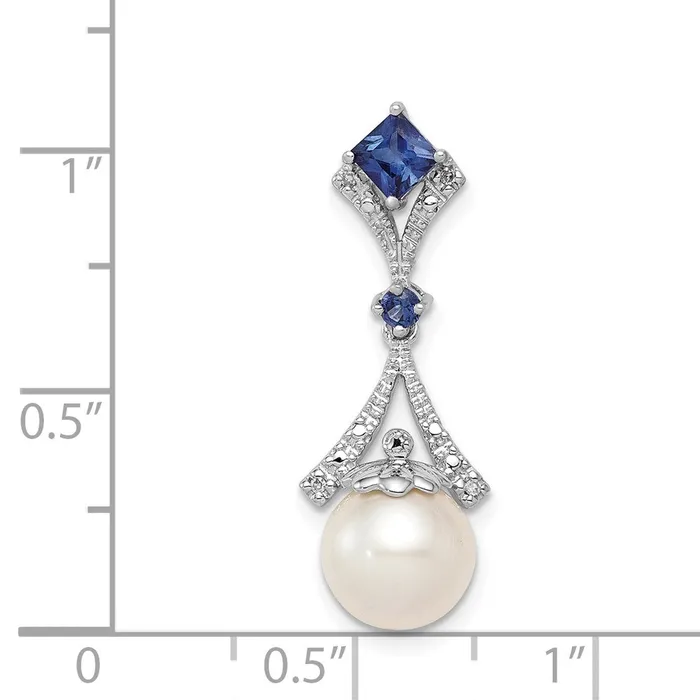 Necklaces Goldia Sterling Silver Rhod Plated Dia Created Sapphire FW Cultured Pearl Pendant
