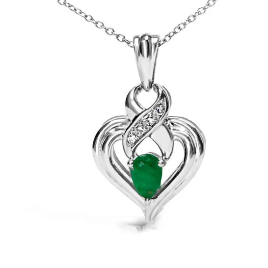 Necklaces JMS always Original Haus of Brilliance 925 Sterling Silver 6x4mm Pear Emerald and Diamond Accent Heart Pendant Necklace HI Color SI1SI2 Clarity 18 Inches