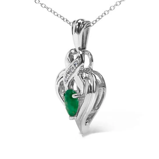 Necklaces JMS always Original Haus of Brilliance 925 Sterling Silver 6x4mm Pear Emerald and Diamond Accent Heart Pendant Necklace HI Color SI1SI2 Clarity 18 Inches