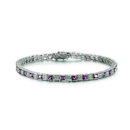 Original Megan Walford Sterling Silver with Amethyst and Diamond Cubic Zirconia Square Link Tennis Bracelet JMS always Bracelets