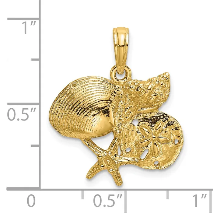 14K Polished Shell Starfish and Sand Dollar Cluster Charm TreasureFineJewelers Charm Necklaces