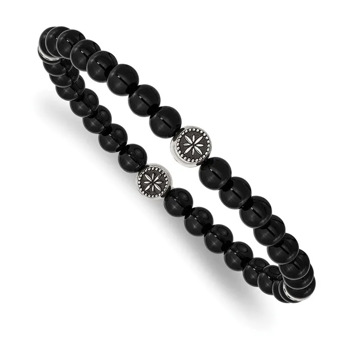 Bracelets Chisel Stainless Steel Antiqued and Polished 6mm Black Agate Beaded Stretch Bracelet TreasureFineJewelers Bracelets Chisel Stainless Steel Antiqued and Polished 6mm Black Agate Beaded Stretch Bracelet TreasureFineJewelers