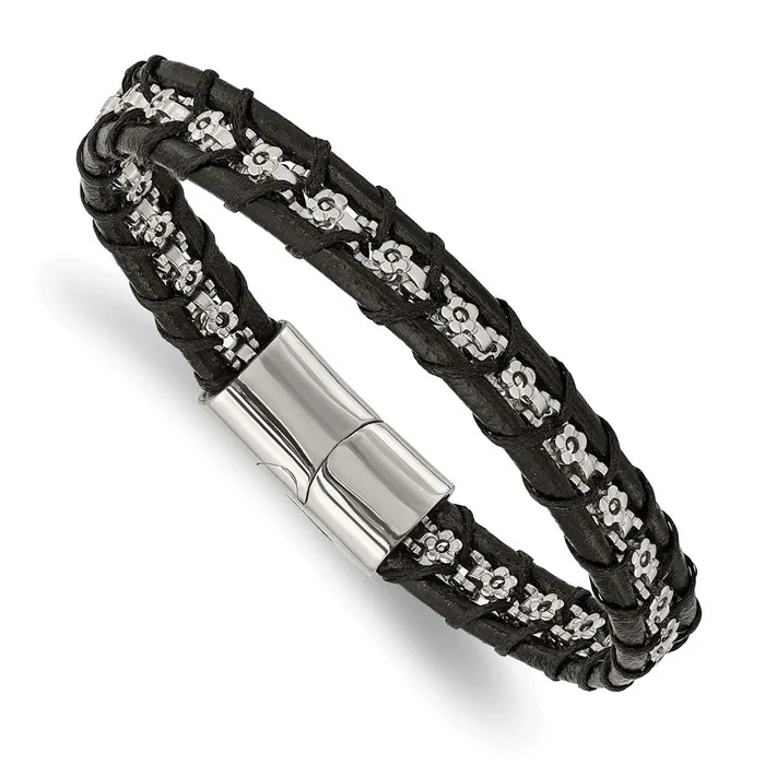 Bracelets TreasureFineJewelers Chisel Stainless Steel Polished Flower Link Black Leather 825 inch Bracelet Bracelets TreasureFineJewelers Chisel Stainless Steel Polished Flower Link Black Leather 825 inch Bracelet