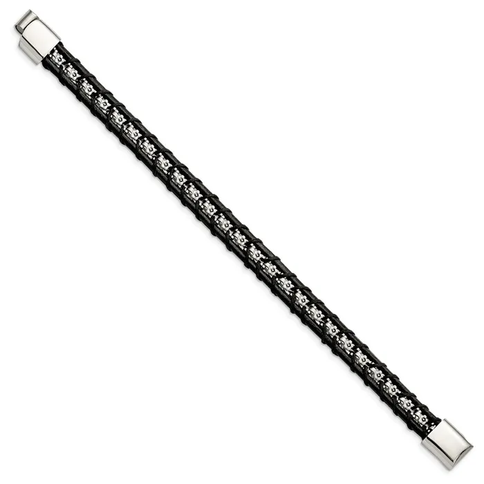 Bracelets TreasureFineJewelers Chisel Stainless Steel Polished Flower Link Black Leather 825 inch Bracelet