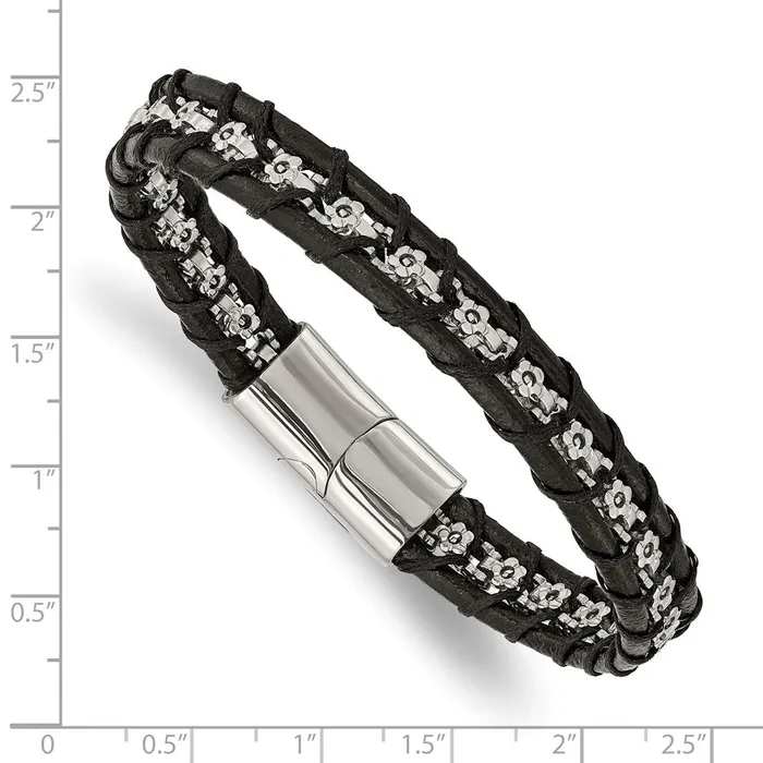 Bracelets TreasureFineJewelers Chisel Stainless Steel Polished Flower Link Black Leather 825 inch Bracelet