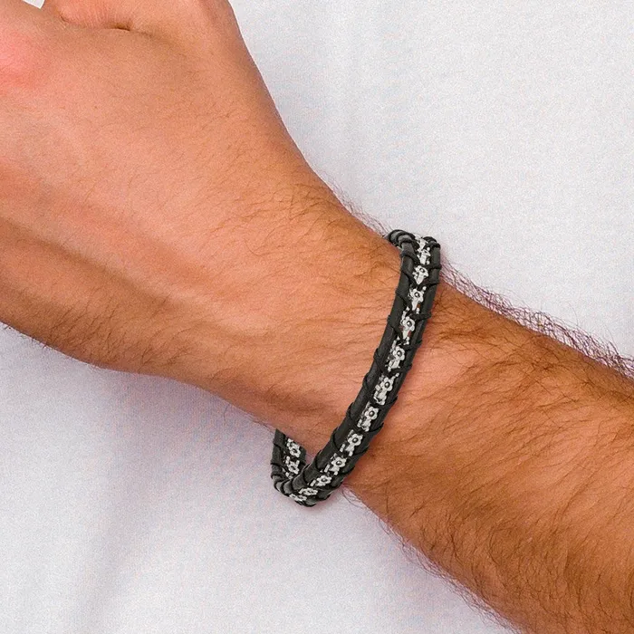 Bracelets TreasureFineJewelers Chisel Stainless Steel Polished Flower Link Black Leather 825 inch Bracelet