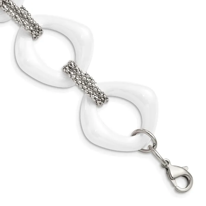 Bracelets TreasureFineJewelers Chisel Stainless Steel Polished with White Ceramic 8 inch Open Link Bracelet Bracelets TreasureFineJewelers Chisel Stainless Steel Polished with White Ceramic 8 inch Open Link Bracelet