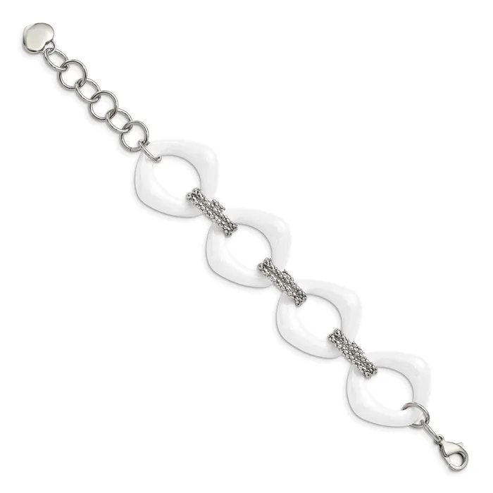Bracelets TreasureFineJewelers Chisel Stainless Steel Polished with White Ceramic 8 inch Open Link Bracelet