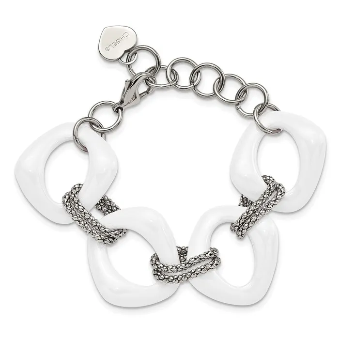 Bracelets TreasureFineJewelers Chisel Stainless Steel Polished with White Ceramic 8 inch Open Link Bracelet