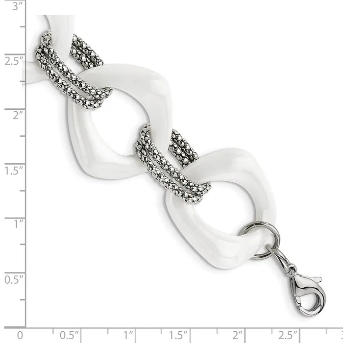 Bracelets TreasureFineJewelers Chisel Stainless Steel Polished with White Ceramic 8 inch Open Link Bracelet