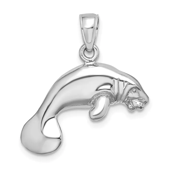 Charm Necklaces 14K White Gold 3D Polished Swimming Manatee Charm TreasureFineJewelers