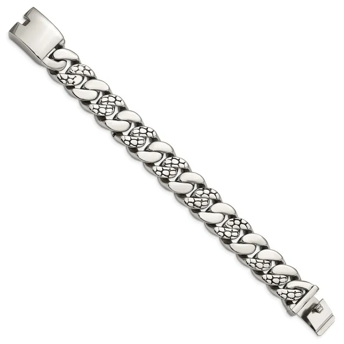 Chisel Stainless Steel Polished and Textured Snake Skin Design 85 inch Curb Bracelet TreasureFineJewelers Bracelets