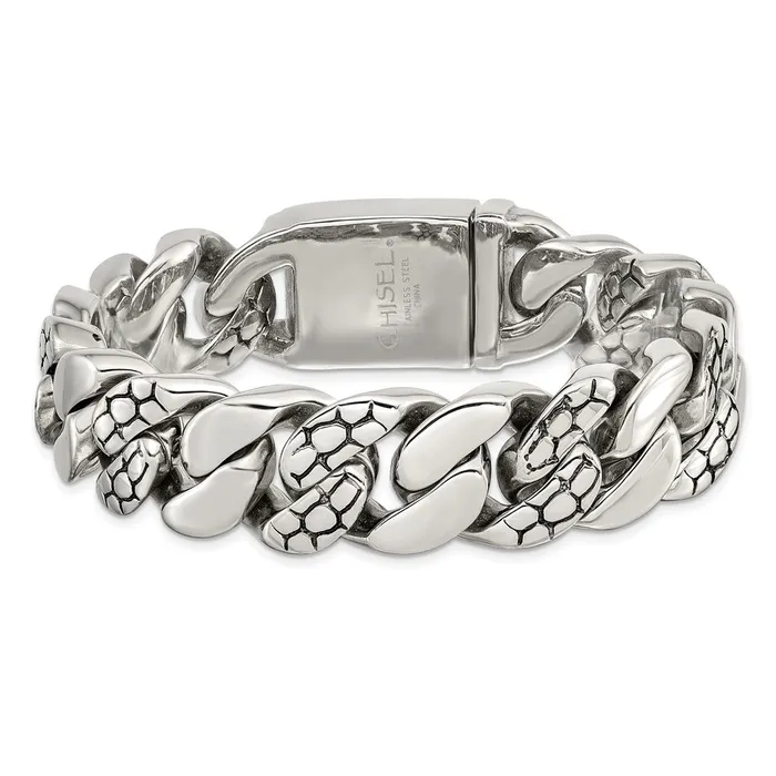 Chisel Stainless Steel Polished and Textured Snake Skin Design 85 inch Curb Bracelet TreasureFineJewelers Bracelets