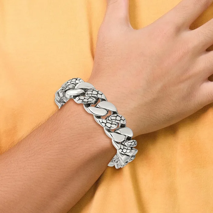 Chisel Stainless Steel Polished and Textured Snake Skin Design 85 inch Curb Bracelet TreasureFineJewelers Bracelets