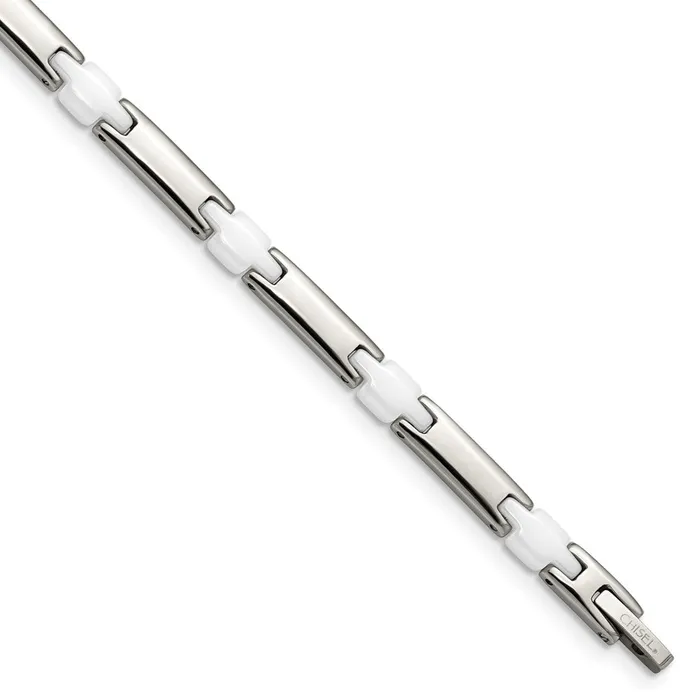 Chisel Stainless Steel Polished with White Ceramic 75 inch Link Bracelet TreasureFineJewelers Bracelets Chisel Stainless Steel Polished with White Ceramic 75 inch Link Bracelet TreasureFineJewelers Bracelets