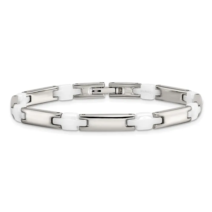 Chisel Stainless Steel Polished with White Ceramic 75 inch Link Bracelet TreasureFineJewelers Bracelets